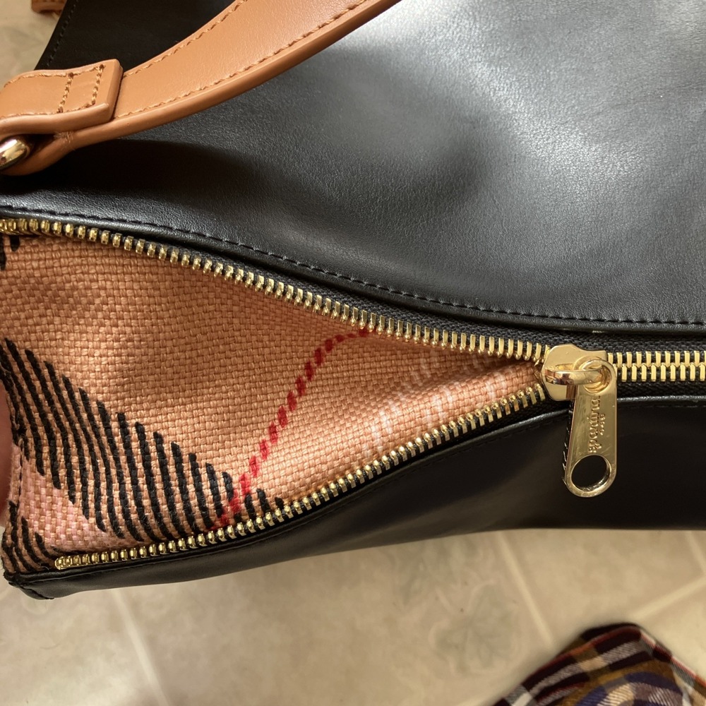 Spartina 449 Black Leather Tote Brown Handles Gold Zippers Plaid Accent 2 handle - Picture 6 of 10